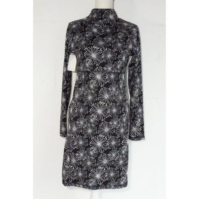Soybu Dress Women Medium Black White Floral Print Mock Neck Long Sleeve Keyhole