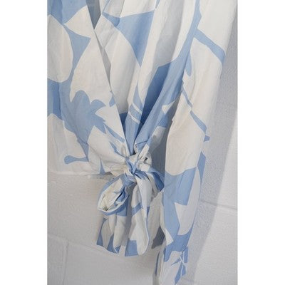 SHEIN Wrap Blouse Women Large Blue White Floral Abstract Long Sleeve Tie Top