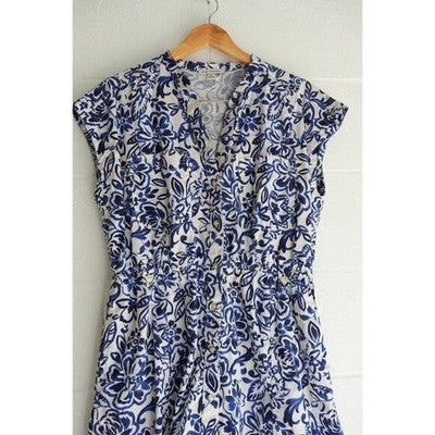 Free Assembly Button Front Dress Women Large Blue White Floral Elastic Waist