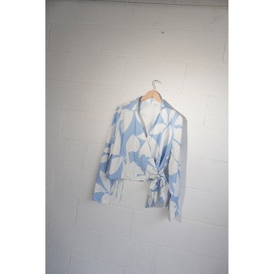 SHEIN Wrap Blouse Women Large Blue White Floral Abstract Long Sleeve Tie Top