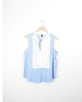 SHEIN Sleeveless Blouse Women Large Blue White Striped Pleated Tuxedo Bib Top