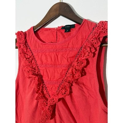 J. Crew Coral Red Eyelet Ruffle Trim Sleeveless Top Regular Fit Size Medium