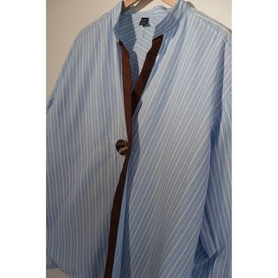 SHEIN Button Up Shirt Women Large Blue White Striped Contrast Trim Stand Collar