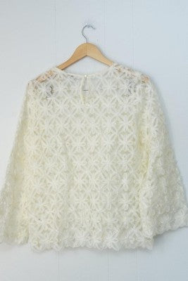 Cato Blouse Womens Medium White Floral Lace Sheer Bell Sleeve Party Boho Top