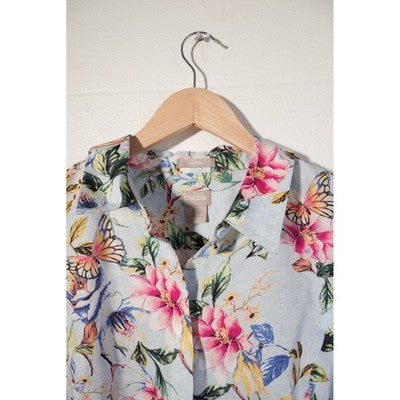 Chico's No Iron Button Down Shirt Women Size 2 Large Blue Floral Butterfly Print