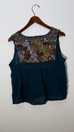 Free People Teal Embroidered Boho Sleeveless Peasant Blouse Relaxed Fit Size Large