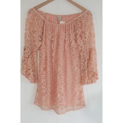 WinWin Full Lace Tunic Women Small/Medium Peach Off Shoulder Bell Sleeve Top