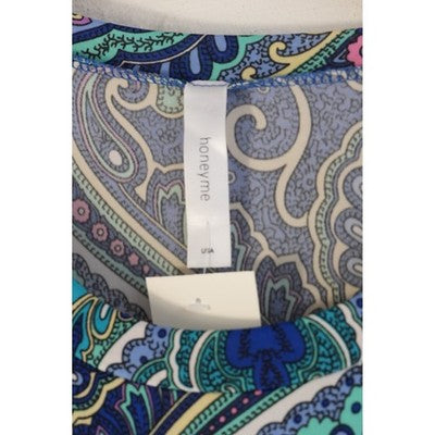 Honeyme Blue Paisley Empire Waist 3/4 Size Medium Mini Dress