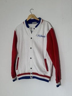 Mafmatiks Jacket Unisex Medium White Red Blue Varsity Snap College Sports Bomber