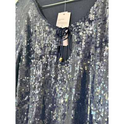 Wild Fable Sequin Top Women Large Navy Blue Long Sleeve Keyhole