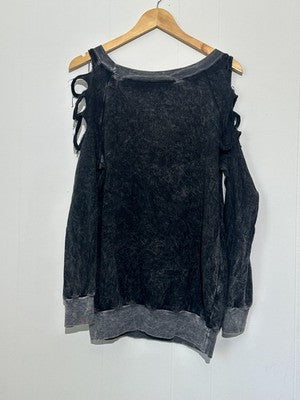 Cold Shoulder Sweatshirt Womens Medium Black Strap Acid Wash Distressed