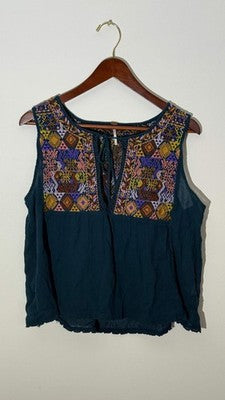 Free People Teal Embroidered Boho Sleeveless Peasant Blouse Relaxed Fit Size Large