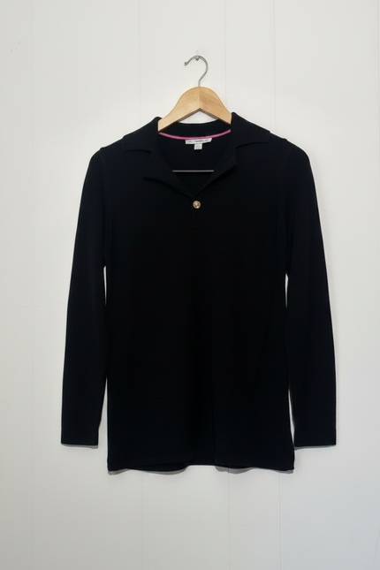 Isaac Mizrahi Live Sweater Womens XXS Black Collared Knit Pullover Gold Button