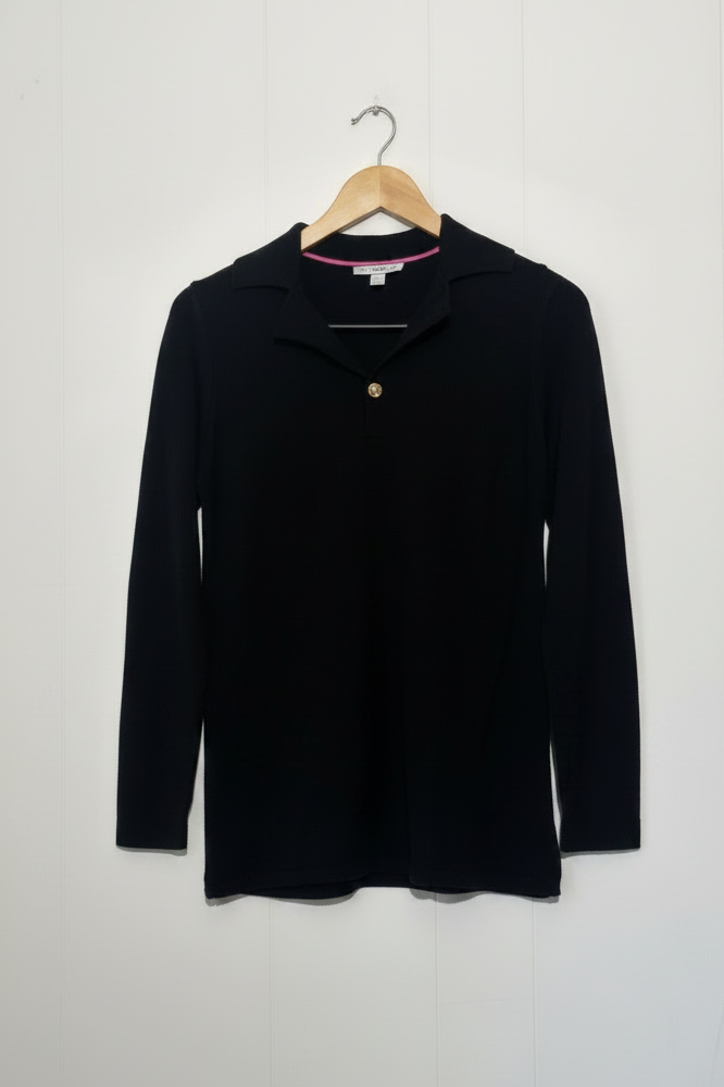 Isaac Mizrahi Live Sweater Womens XXS Black Collared Knit Pullover Gold Button