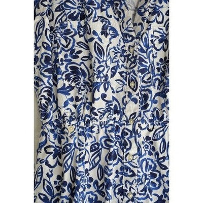 Free Assembly Button Front Dress Women Large Blue White Floral Elastic Waist