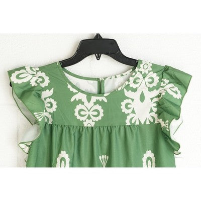 Shein Tiered Dress Women Large Green White Flutter Sleeve Damask Print Babydoll