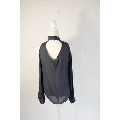 Mono B Cold Shoulder Shear Blouse Medium Gray Mock Neck Pleated Backless Top
