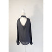 Mono B Cold Shoulder Shear Blouse Medium Gray Mock Neck Pleated Backless Top