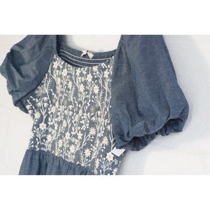 Hippington Tupelo Dress Women Large Blue Floral Embroidered Puff Sleeve Smocked