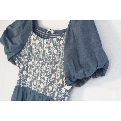 Hippington Tupelo Dress Women Large Blue Floral Embroidered Puff Sleeve Smocked
