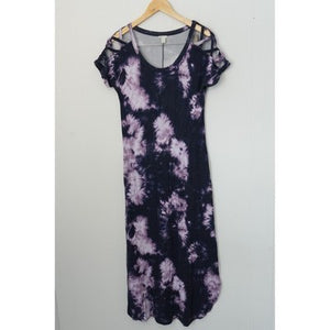 Cato Maxi Dress Women Small Purple Tie Dye Cold Shoulder Lattice Sleeve Pockets