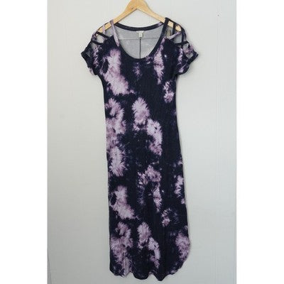 Cato Maxi Dress Women Small Purple Tie Dye Cold Shoulder Lattice Sleeve Pockets
