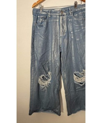 Fashionova Wide Leg Jeans Women Size 13 Silver Metallic Distressed Cropped