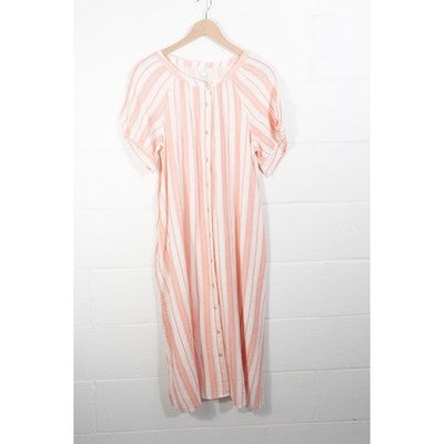 Time and Tru Double Cloth Midi Dress Women Large Coral Peony Striped Button