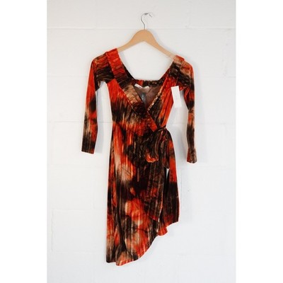 Monaco Velvet Wrap Dress Womens Small Orange Brown Off Shoulder Long Sleeve