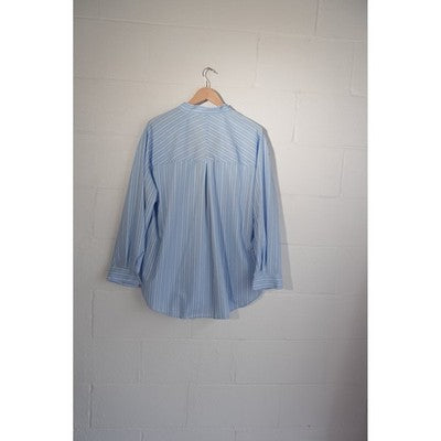 SHEIN Button Up Shirt Women Large Blue White Striped Contrast Trim Stand Collar