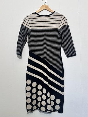 J. Taylor Sweater Dress Womens Medium Black Striped Polka Dot Knit 3/4 Sleeve