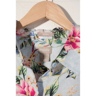 Chico's No Iron Button Down Shirt Women Size 2 Large Blue Floral Butterfly Print