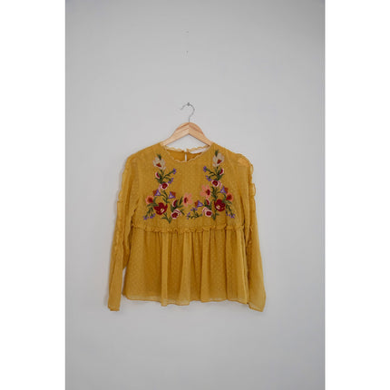Zara Trafaluc Collection Mustard Yellow Embroidered Long Sleeve Blouse Size Medium