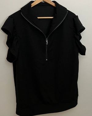 Black Ribbed Half Zip Top with Ruffle Sleeves Size XL
