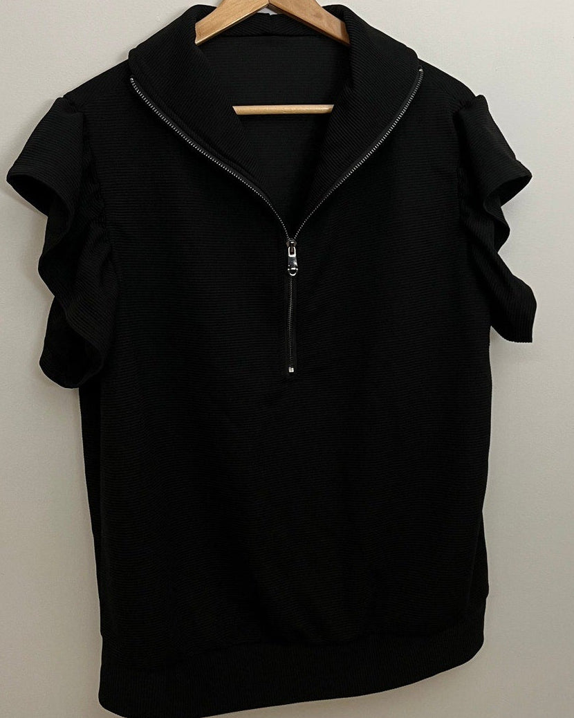 Black Ribbed Half Zip Top with Ruffle Sleeves Size XL