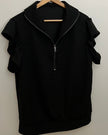 Black Ribbed Half Zip Top with Ruffle Sleeves Size XL