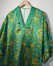 Floral Satin V-Neck Blouse Women Large Green Puff Sleeve Boho Top