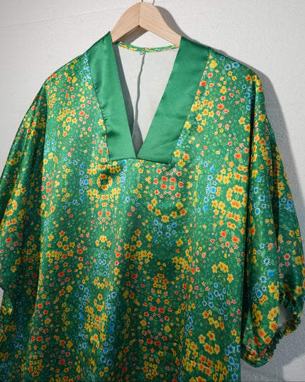 Floral Satin V-Neck Blouse Women Large Green Puff Sleeve Boho Top
