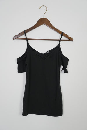 Ambiance Cold Shoulder Top Kids Medium Black Lattice V-Neck Strappy Tee