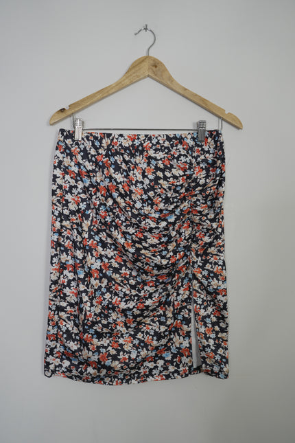 Floral Ruched Skirt Women Large Navy Blue Side Slit Mini Skirt