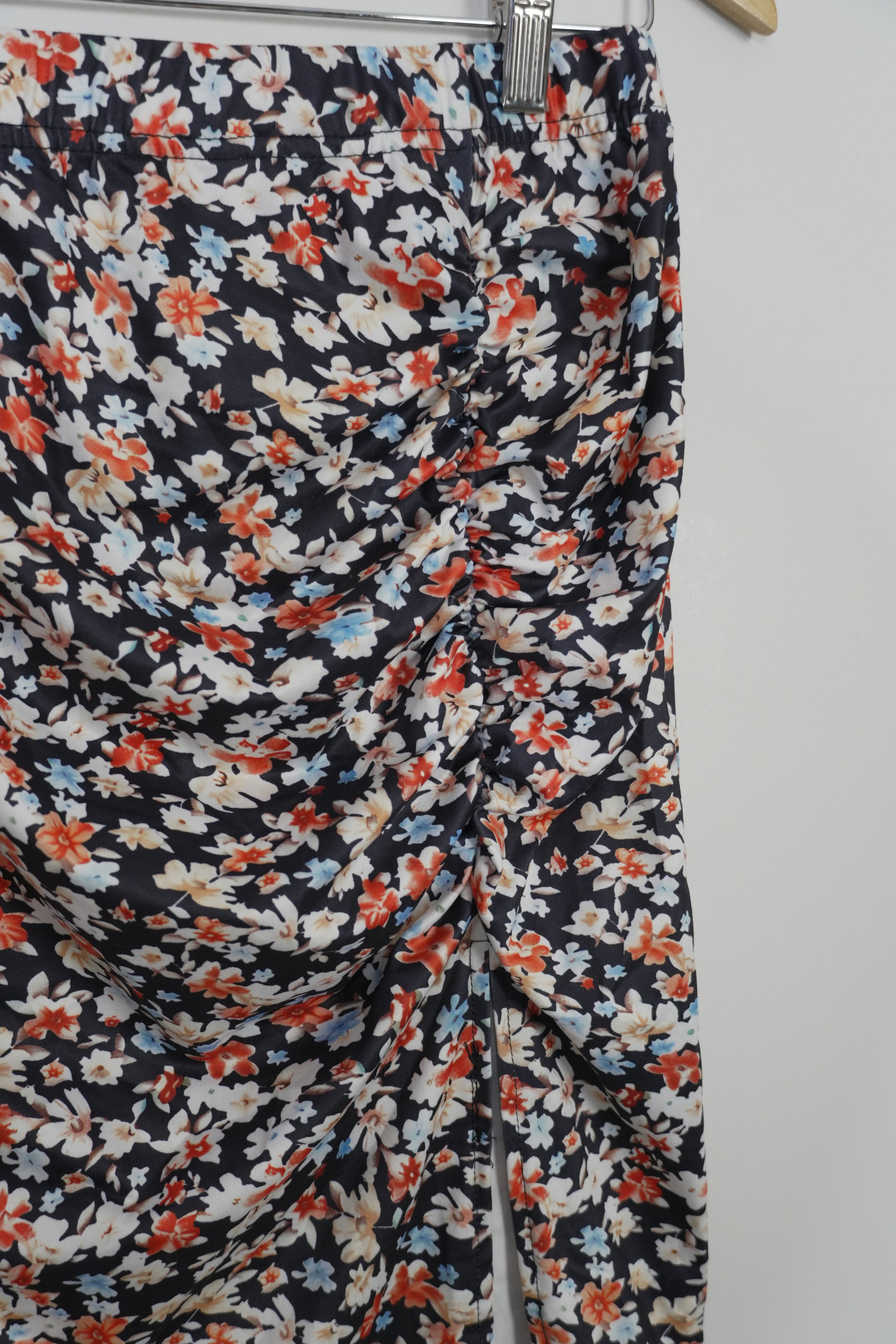 Floral Ruched Skirt Women Large Navy Blue Side Slit Mini Skirt