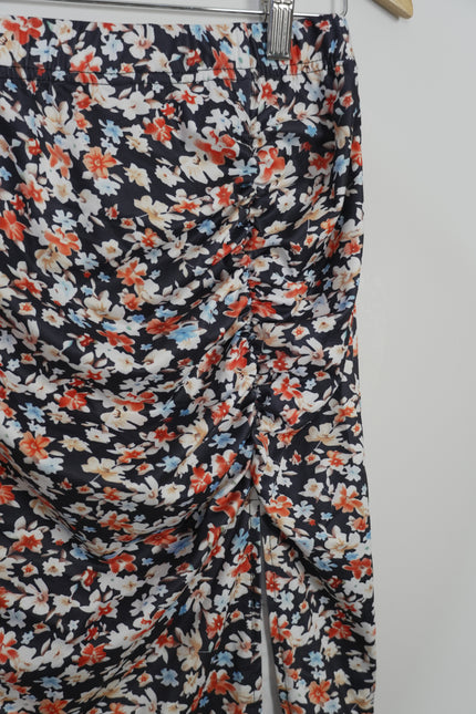 Floral Ruched Skirt Women Large Navy Blue Side Slit Mini Skirt