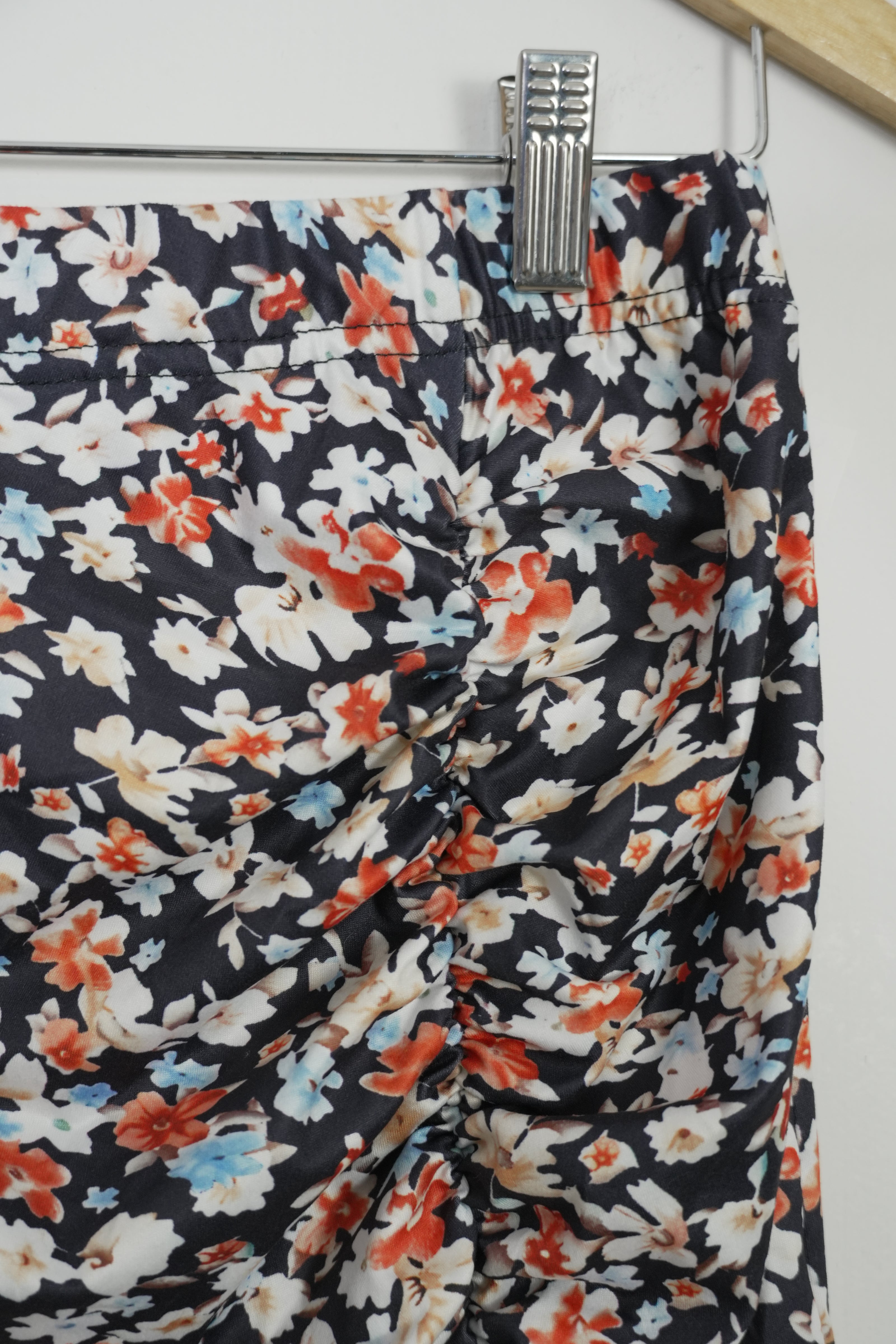 Floral Ruched Skirt Women Large Navy Blue Side Slit Mini Skirt