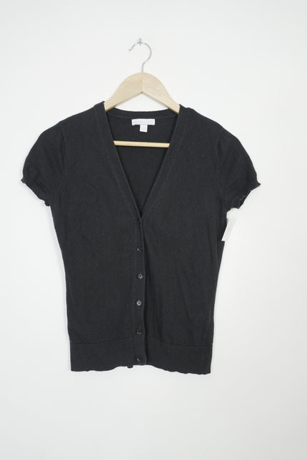 New York & Company Cardigan Women Small Black Short Sleeve V-Neck Button Front