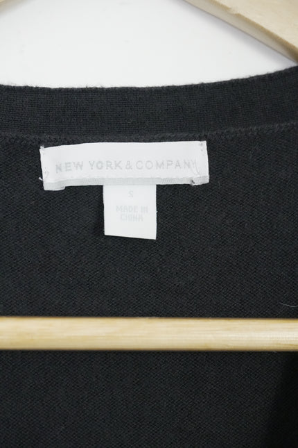 New York & Company Cardigan Women Small Black Short Sleeve V-Neck Button Front