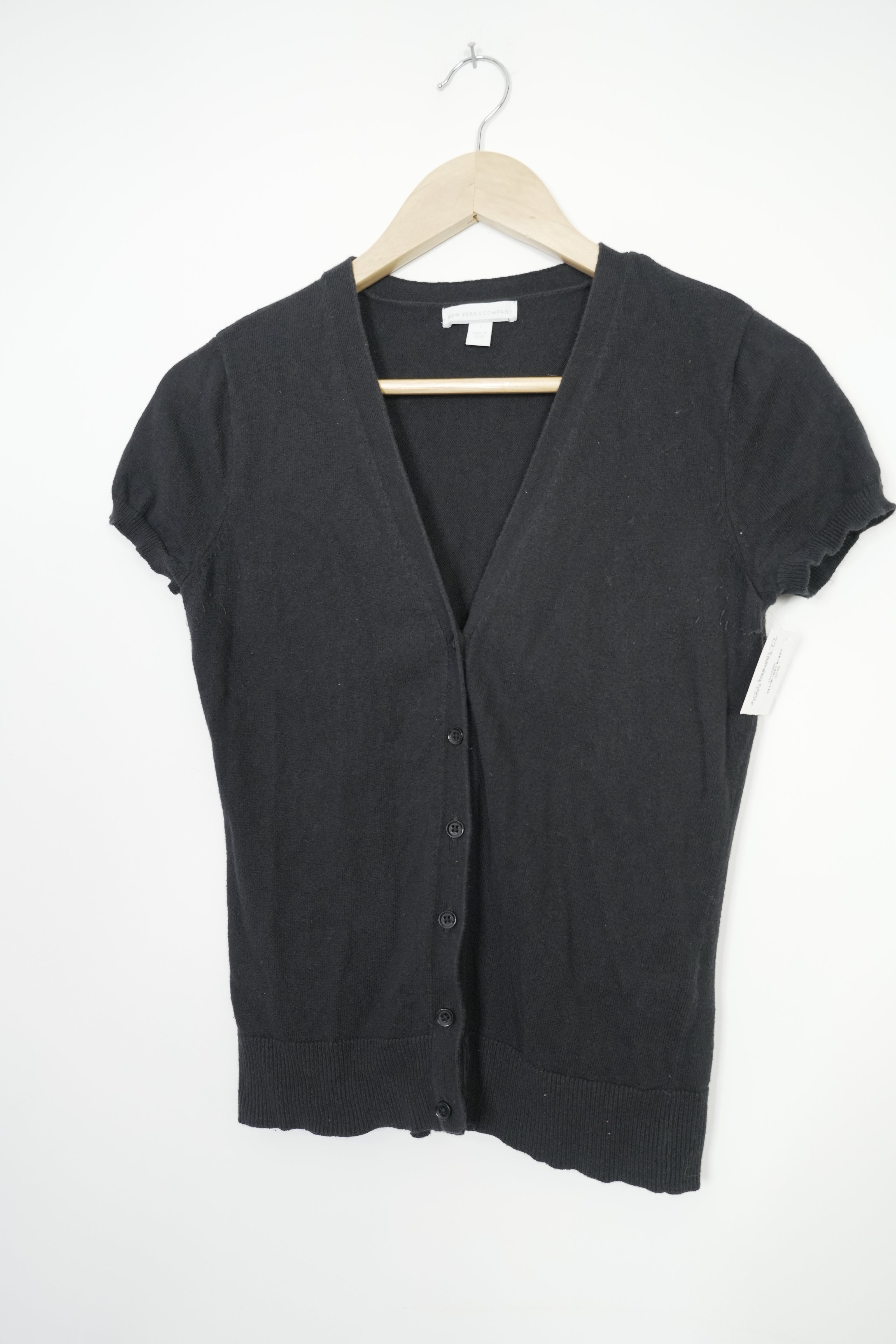 New York & Company Cardigan Women Small Black Short Sleeve V-Neck Button Front