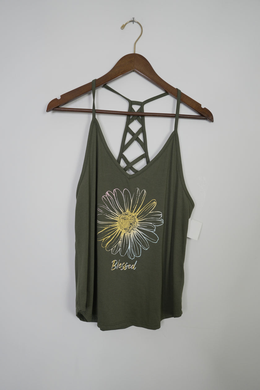 Dark Green Sunflower Graphic Tank Top Size Medium