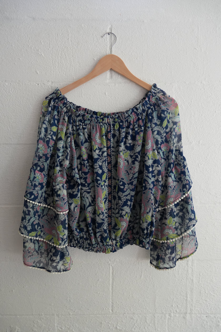 Navy Floral Off-Shoulder Ruffle Sleeve Top Size Medium