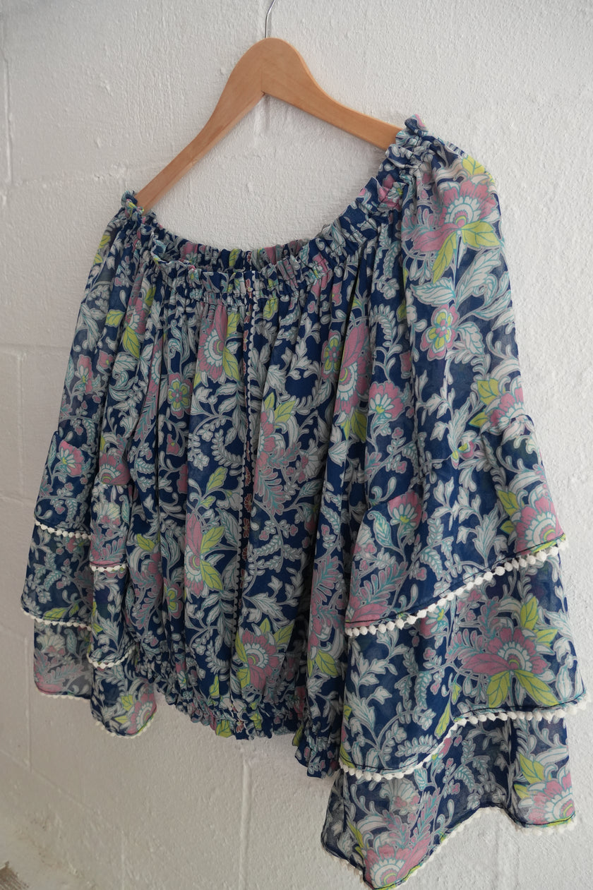 Navy Floral Off-Shoulder Ruffle Sleeve Top Size Medium