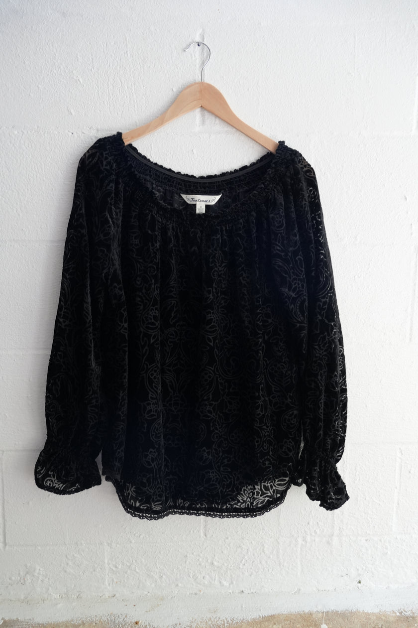 Tantrums Black Velvet Floral Burnout Off-Shoulder Top with Lace Trim Size Medium